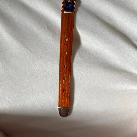 Womens Western Vintage Leather Beaded Belt Silver Buckle - Picture 3 of 7